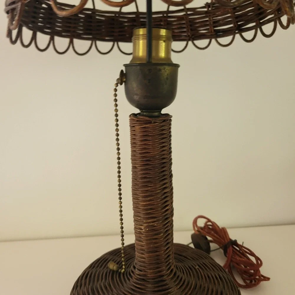 Antique Vintage Art Deco Mushroom Wicker Table Lamp Woven Rattan Brown 18